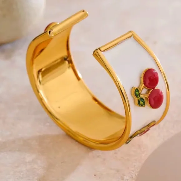 Red Cherry 18K Gold Stainless Steel Enamel Bangle Bracelet - Picture 4 of 8